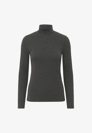 Tamsiai pilkas polo kaklo megztinis su ilgais raštuotais rankovėmis, prigludusi forma ir minkšta, tekstūruota medžiaga. Be raštų ar puošmenų.