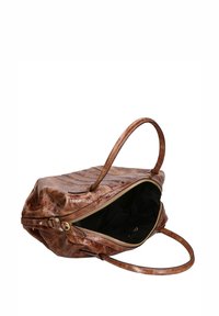Borsa tote in pelle marrone con superficie texture, apertura con zip e interno nero. Presenta due manici robusti per il trasporto.