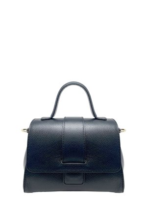 Sac à main en cuir noir avec une finition texturée, un sommet arrondi, une forme structurée et des accents en métal doré. Il est doté d'une double anse.