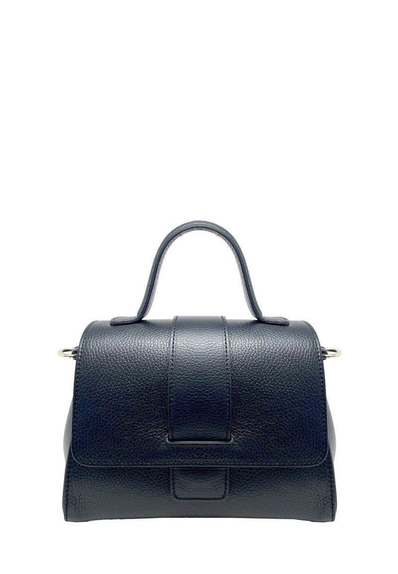 Borsa a mano in pelle nera con finitura texturizzata, parte superiore arrotondata, forma strutturata e dettagli in metallo dorato. Presenta manici doppi.