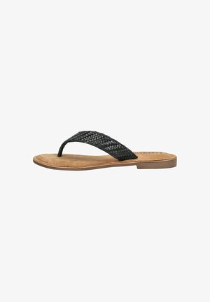 Flad lysebrun sandal med sort flettet rem mellem tæerne og polstret fodseng, med en let hæl og rundet tådesign.