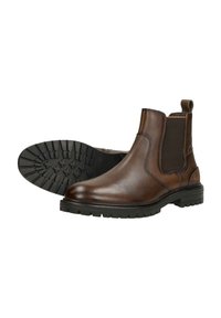 Bottes Chelsea en cuir marron avec panneaux latéraux élastiques, languette et semelle en caoutchouc noir robuste. Fini texturé sur le dessus.