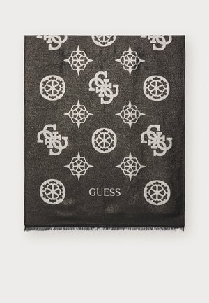 Black scarf featuring silver logos and patterns, with fringed edges. Text "GUESS" displayed prominently. Smooth, textured material.