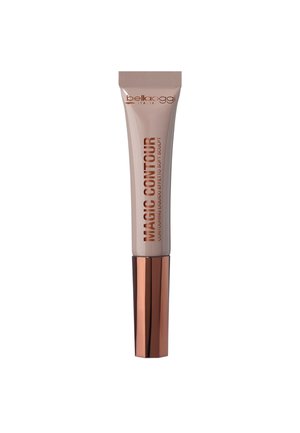 Liquido per il contouring beige in un tubo sottile con tappo rosa oro, etichettato "Magic Contour" per effetti di scolpitura.