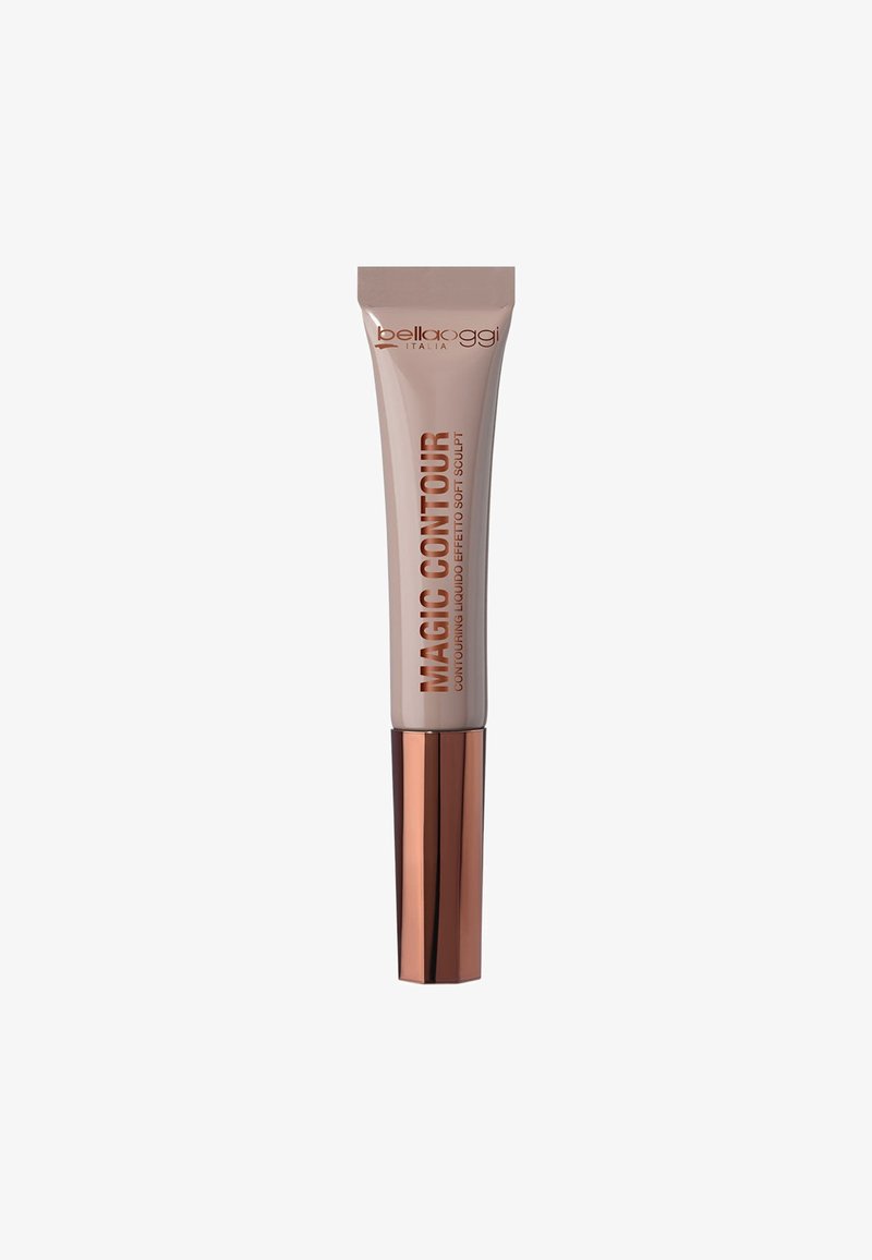 Liquido per il contouring beige in un tubo sottile con tappo rosa oro, etichettato "Magic Contour" per effetti di scolpitura.