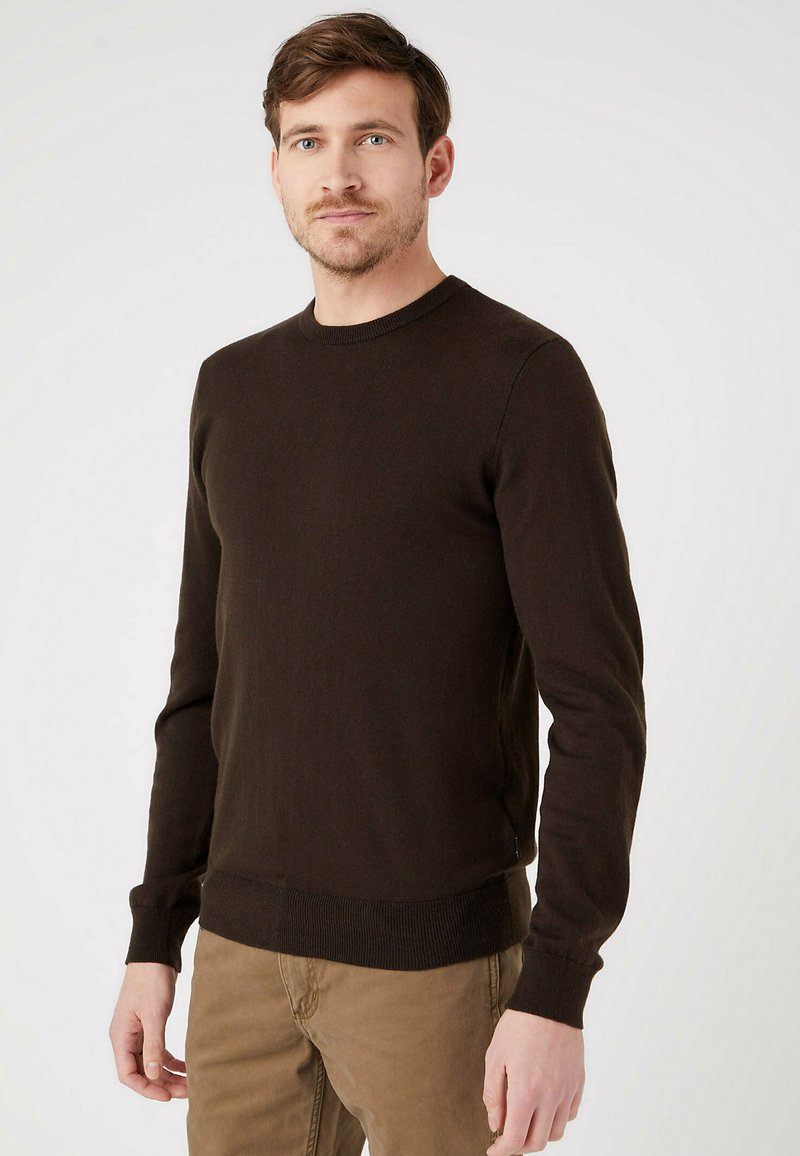 Maglione a girocollo marrone realizzato in materiale morbido, con maniche lunghe e polsini e orlo a coste. Tessuto liscio senza motivi visibili.