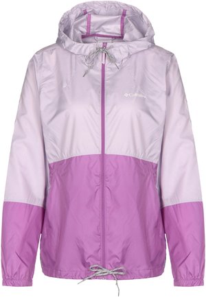 Světlofialová a levandulová větrovka Columbia s kapucí, předním zipem, šňůrkami na kapuci a spodním lemu a elastickými manžetami.