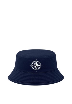 Navy blue bucket hat with a white compass rose symbol showing north, south, east, and west on the front.