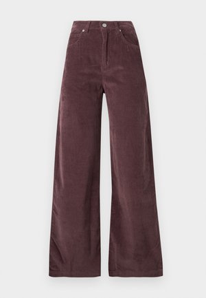 Pantalons large à taille haute en velours côtelé mauve foncé, dotés de poches avant et d'une fermeture par bouton.