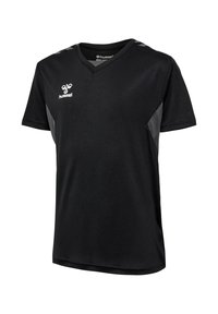 Zwart sportshirt met korte mouwen en V-hals, grijze zijpanelen en wit hummel-logo op de bovenste linkerborst.