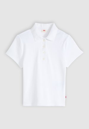 White short-sleeve ribbed polo shirt with a collar and four buttons, laid flat on a light gray background.