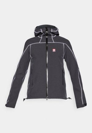 Chaqueta exterior negra con cremallera frontal, capucha ajustable, costuras grises contrastantes, bolsillos laterales y dobladillo ajustable.