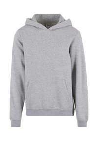 Grå hettegenser laget av myk stoff. Har en frontlomme i kenguru-stil og ribbestrikkede mansjetter, som gir en avslappet passform.