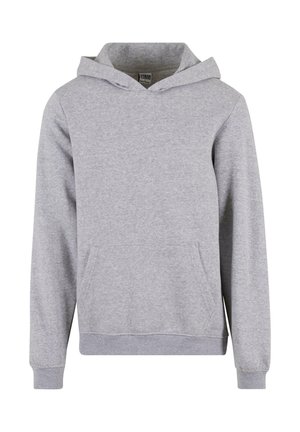 Grå sweatshirt med hætte, lavet af blødt stof. Har en frontlomme og ribbetræk ved ærmerne, hvilket giver en afslappet pasform.