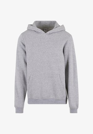 Sweatshirt gris avec capuche, fabriqué en tissu doux. Il dispose d'une poche kangourou à l'avant et de poignets côtelés, offrant une coupe décontractée.