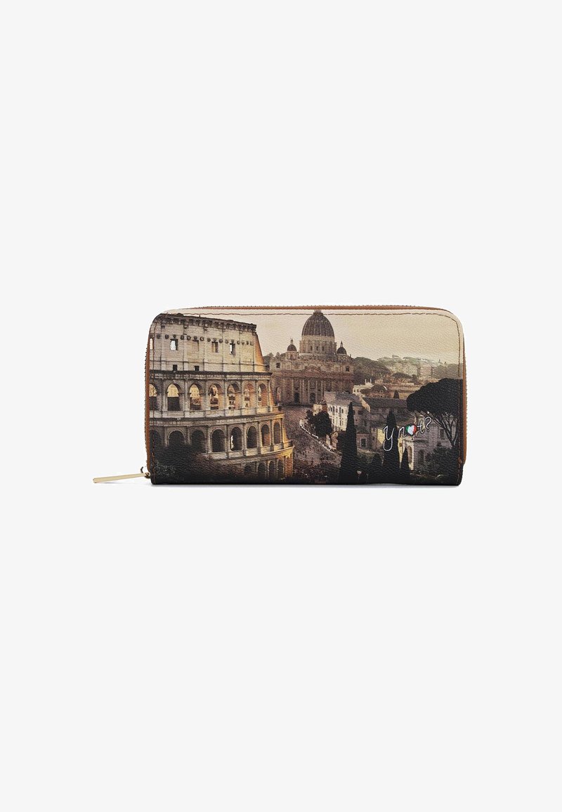 Portafoglio con zip che mostra una stampa del Colosseo di Roma, della Basilica di San Pietro e alberi, con il testo "y●u●t?" e un cuore.