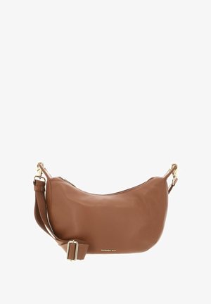 Sac bandoulière en cuir marron à la forme arrondie, doté d'une fermeture éclair, d'une bandoulière ajustable et de ferrures dorées. Surface texturée.