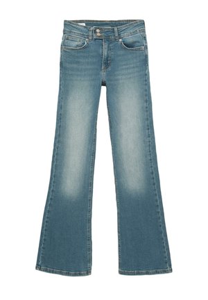 Uitlopende blauwe denim jeans met een lichte wassing, vijf-pocket ontwerp en sluiting met twee knopen bij de taille, voorzien van een lichte vervaging op de stof.