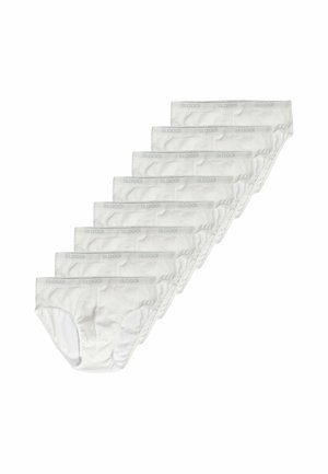 Sette paia di slip bianchi in cotone con elastici in vita che mostrano il nome del marchio "Sloggi", disposti in fila diagonale.