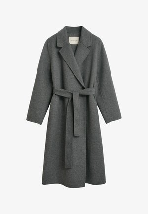 Gray wool blend coat with a long, loose fit, notched lapels, and a belted waist. It features a single button closure and long sleeves.