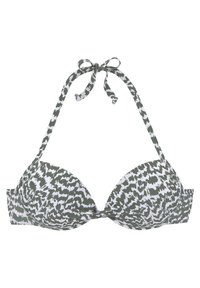 Bikini-top in olijfgroen met wit abstract patroon, met uitneembare padding, halternek-touwen en zachte stof met een gladde textuur.
