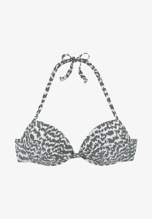 Bikini top in olive green and white abstract pattern, featuring removable padding, halter neck ties, and soft fabric with a smooth texture.