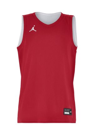 Czerwona bezrękawnikowa koszulką do koszykówki z białą podszewką wewnętrzną, małym białym logiem Jumpman na piersi i czarną metką z rozmiarem na dole.
