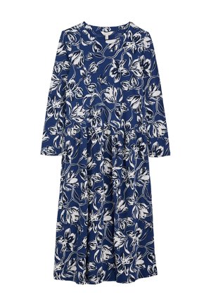 Robe bleue à manches longues avec imprimé floral blanc et noir, encolure ronde et détail froncé à la taille.
