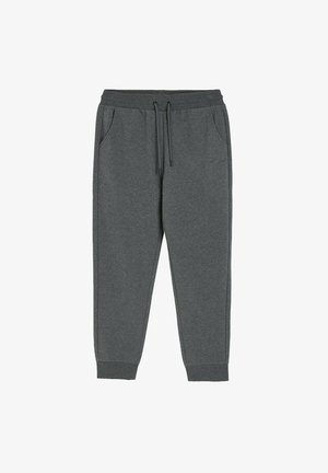 Szare dresowe spodnie wykonane z miękkiego materiału, z elastycznym pasem w talii ze sznurkiem, bocznymi kieszeniami i zwężanymi mankietami.