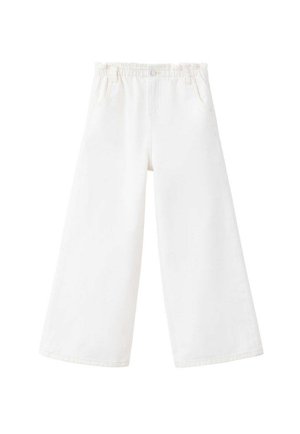 Pantalon blanc à jambes larges avec taille élastique, bouton, passants de ceinture et poches avant présenté sur un fond uni.