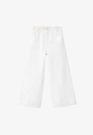 Pantalon blanc à jambes larges avec taille élastique, bouton, passants de ceinture et poches avant présenté sur un fond uni.
