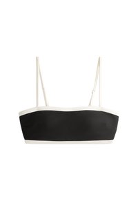 Črn bandeau top z tanjšimi, prilagodljivimi naramnicami, belim pasom na zgornjem robu, gladko teksturo in minimalističnim dizajnom.