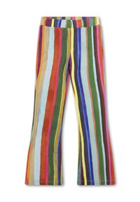 Gestreepte flared pants met een verscheidenheid aan kleuren, waaronder groen, blauw, rood, geel en oranje, gemaakt van zachte stof met een comfortabele tailleband.
