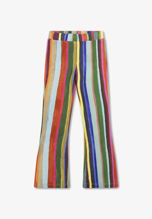 Gestreepte flared pants met een verscheidenheid aan kleuren, waaronder groen, blauw, rood, geel en oranje, gemaakt van zachte stof met een comfortabele tailleband.