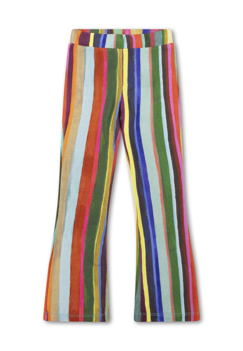 Gestreepte flared pants met een verscheidenheid aan kleuren, waaronder groen, blauw, rood, geel en oranje, gemaakt van zachte stof met een comfortabele tailleband.