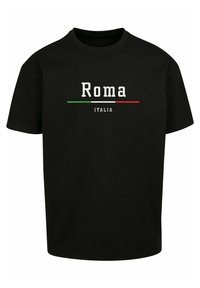 Svart bomull T-skjorte med ordet "Roma" i hvitt over "ITALIA," med grønne og røde horisontale linjer nedenfor. Klassisk crewneck-design.