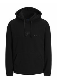 Sudadera con capucha negra hecha de una tela suave, que cuenta con un bolsillo tipo canguro en el frente, cordones y un logo sutilmente grabado en el pecho.