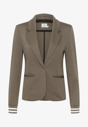 Rjav krojen blazer iz gladkega blaga z enim gumbom, dvema sprednjima žepoma in črtastimi manšetami. Podložen notranji del.