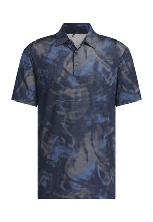 Polo di colore blu navy con un motivo astratto e testurizzato in tonalità di blu e grigio. Presenta un colletto e una chiusura con due bottoni.