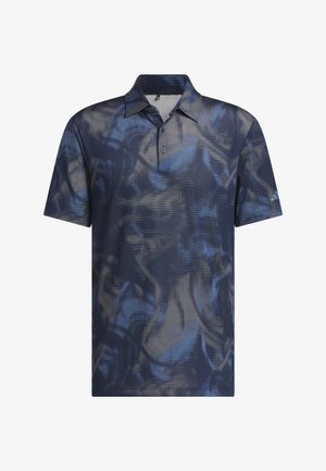 Polo di colore blu navy con un motivo astratto e testurizzato in tonalità di blu e grigio. Presenta un colletto e una chiusura con due bottoni.
