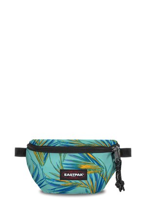 Sac banane avec un motif de feuilles tropicales en bleu canard, fabriqué à partir d'un tissu durable. Dispose d'une fermeture éclair et d'une sangle noire réglable.