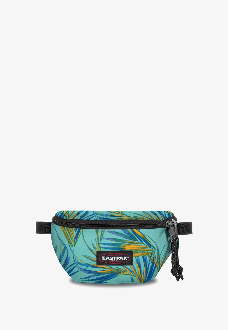 Bum bag s tropickým listovým vzorem v azurové barvě, vyrobený z odolné látky. Obsahuje zipový uzávěr a nastavitelný černý popruh.