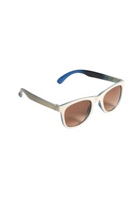 Okulary przeciwsłoneczne z kremową ramką, brązowymi soczewkami i niebieskimi akcentami na zauszniku. Posiadają elegancki kształt kociego oka z błyszczącym wykończeniem.