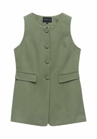 Grön ärml ös väst med en rund halsringning, fem knappar framtill, två framfickor och en slätt tygfinish.