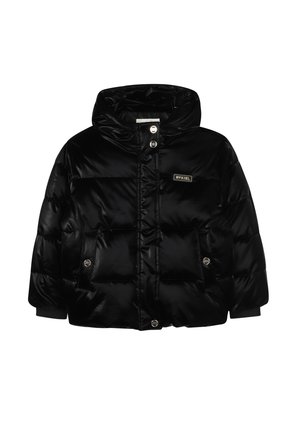 Zwarte glanzende pufferjack met capuchon, voorkant met drukknoopjes, zijzakken en "RYKIEL" logo patch op de borst.