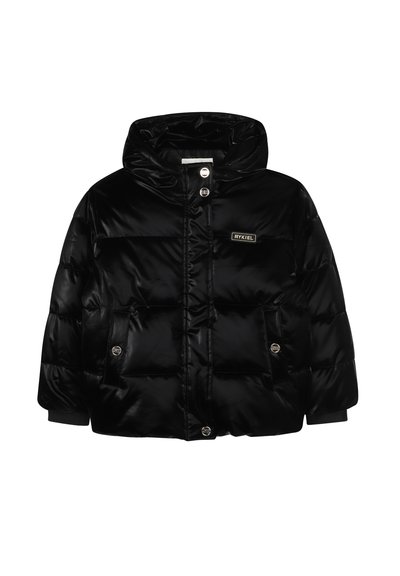 Doudoune noire brillante avec capuche, boutons-pression à l'avant, poches latérales et patch logo "RYKIEL" sur la poitrine.