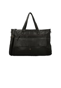 Borsa in pelle nera con doppi manici superiori, tracolla regolabile, tasca frontale con zip e chiusura a scatto. Texture liscia, design minimale.