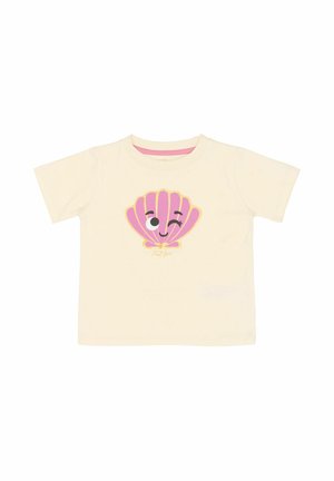 Kortærmet cremefarvet t-shirt med stort pink skaldyrsgrafik med et blinkende ansigt, kantet med gult. Bomuldsmateriale, blød tekstur.