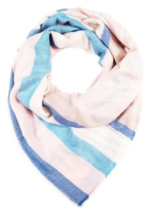 Zachte driehoekige sjaal met brede horizontale strepen in pastelroze, lichtblauw en middellauw, los gevouwen met rafelige randen.