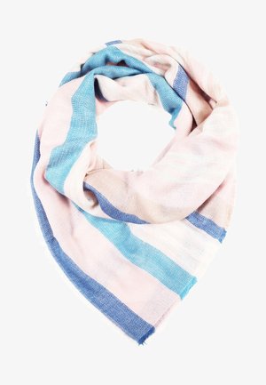 Écharpe triangulaire douce avec de larges rayures horizontales en rose pastel, bleu clair et bleu moyen, pliée lâchement avec des bords effilochés.